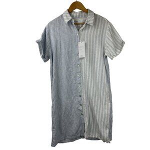 C&C California Womens M Linen Blend Shirt Dress Short Sleeve Blue White Stripe